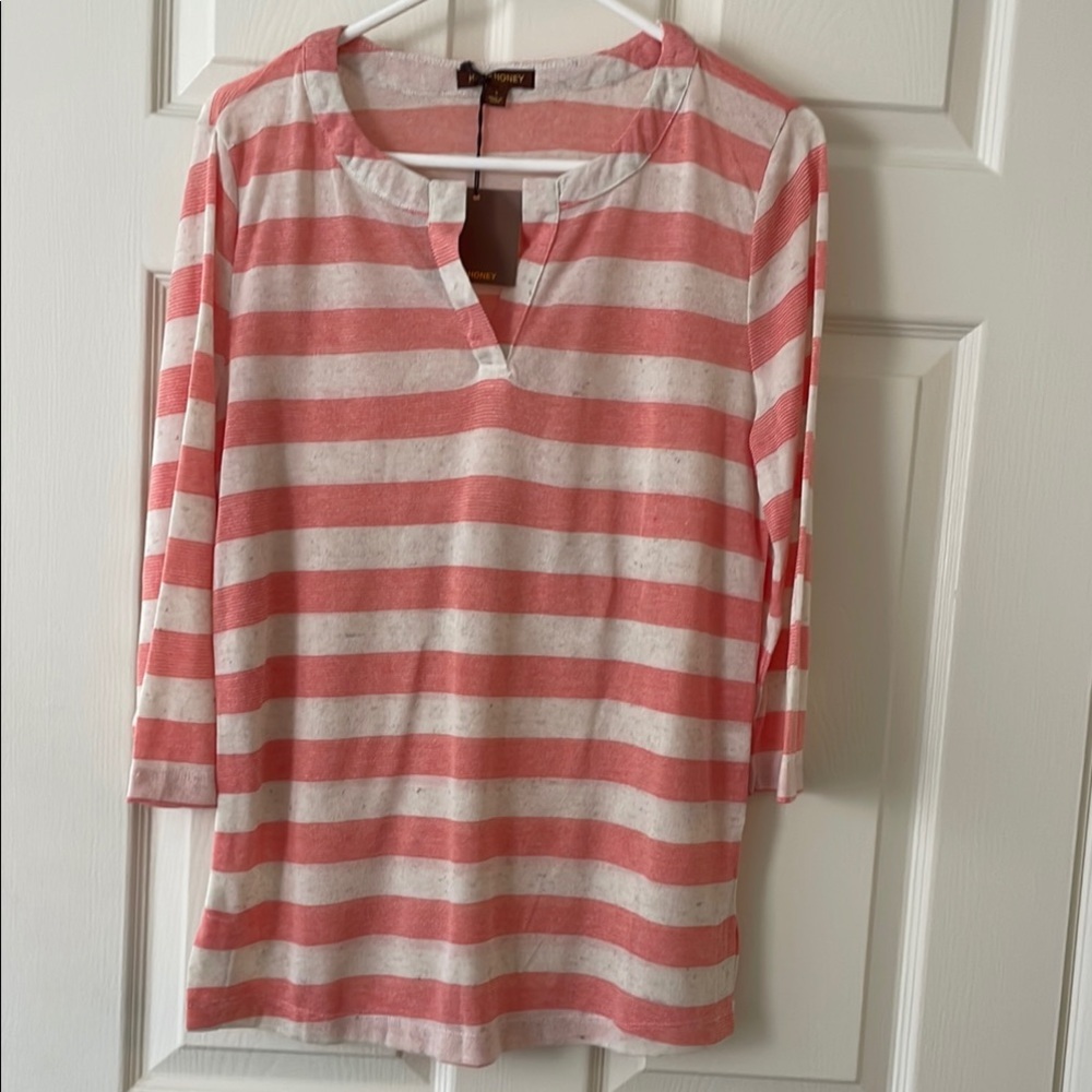 NWT! Red and White Polo Linen Blend Top with 3/4 Sleeves Sz S